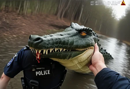 score_9, score_8_up, score_7_up, BREAK
pov, police bodycam footage, first person, low quality camera, low resolution, poor quality footage, motion blur, scan lines, fake screenshot, fisheye lens, english text, low quality broadcast footage, BREAK,
(crocodile eating police officer:1.6), swamp, blood