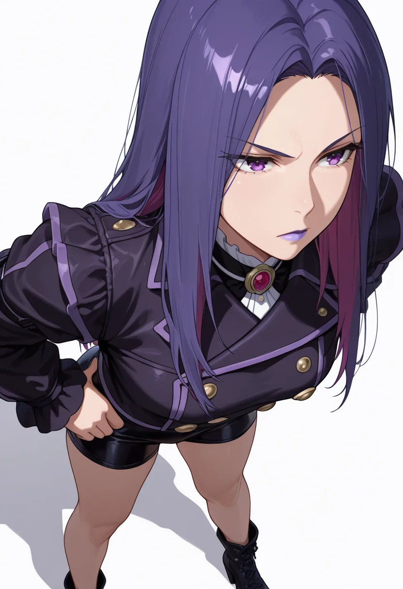 Smooth Quality,masterpiece,very intricate, high quality details, ultra realistic, high detailed skin,detailed enviorement,absurdres,
<lora:nagi_CNR:0.8> nagi_cnr, 1girl,purple hair, long hair, purple eyes, purple lips, gothic fashion,, simple background, white background, from above,solo,
standing, hands on hips, feet apart, determined, looking forward, ,, :/,, double-breasted jacket, ,kimono, ,tight shorts, ,