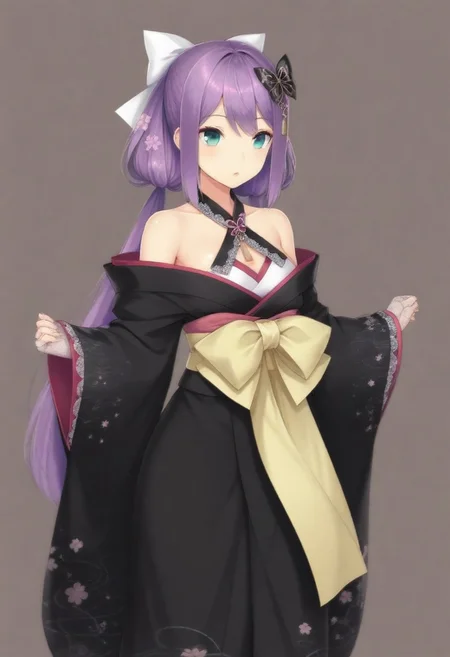 masterpiece, best quality, amazing quality,,, shiny skin,,,,,,,,nijiritsuki,,green eye,purple hair,makeup,long hair,low twintails,butterfly ornament,hair bow,white bow,hair flower,nijiritsukicos,black kimono,floral print kimono,frill-trimmed kimono,lace-trimmed kimono,off shoulder,bare shoulder,x-cross halterneck,long sleeves,wide sleeves,long skirt,obi,sash,waist bow,long bow,white lace gloves,long gloves,fingerless gloves,