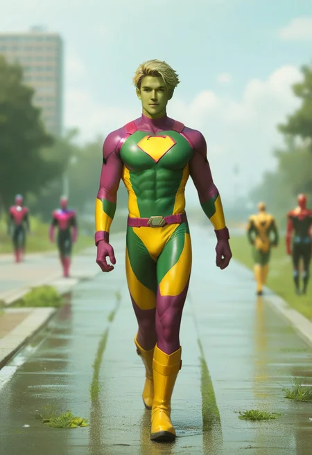 score_9, score_8_up, score_7_up, green skin, green face, adult male, colored skin, superhero, latex, short blonde hair male, ((magenta bodysuit)), magenta superhero, yellow tech belt, yellow leather boots, walking, depth of field, 32k UHD resolution, best quality, high quality, full body