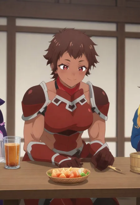 score_9, score_8_up, score_7_up, source anime, prefect lighting, very aesthetic, BREAK, anime screencap,
<lora:Blossom:0.9> blossom, short hair, brown hair, dark-skinned female, red eyes, muscular female, red armor.
Indoor, tavern, sitting at table, happy, smile, blush, drunk bubbles, squeaks, alcohol.
(white background, gradient background:1.2).