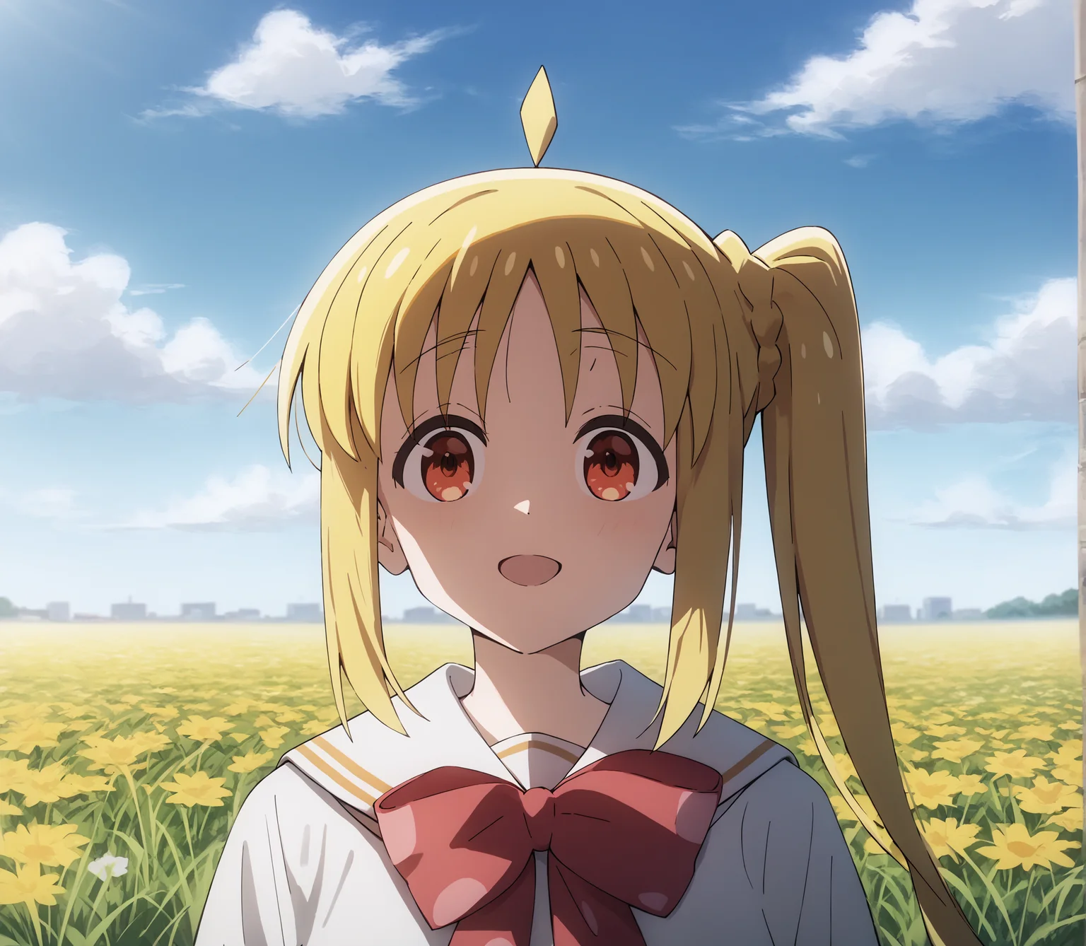 score_9, score_8_up, score_7_up, highres, hi res, best quality, masterpiece, 2d, intricate details, 4k, anime coloring, shadow, uncensored,
1girl, solo, female, :3, long hair, blonde hair, red eyes, ahoge, sidelocks, side ponytail, detached ahoge,
school uniform, serafuku, sailor collar, sailor fuku, pleated skirt, necktie, red bow, red necktie,
upper body, three-quarter portrait, facing viewer, front view, sitting,
flower field, outdoors, grass, on grass, depth of field, motion blur, <lora:Nijika_Ijichi_1024_Pony:1>, ijichi nijika, bocchi the rock!,