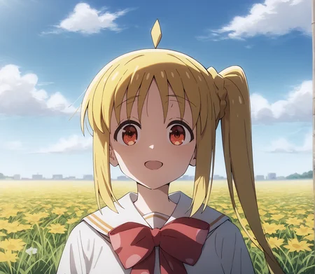score_9, score_8_up, score_7_up, highres, hi res, best quality, masterpiece, 2d, intricate details, 4k, anime coloring, shadow, uncensored,
1girl, solo, female, :3, long hair, blonde hair, red eyes, ahoge, sidelocks, side ponytail, detached ahoge,
school uniform, serafuku, sailor collar, sailor fuku, pleated skirt, necktie, red bow, red necktie,
upper body, three-quarter portrait, facing viewer, front view, sitting,
flower field, outdoors, grass, on grass, depth of field, motion blur, <lora:Nijika_Ijichi_1024_Pony:1>, ijichi nijika, bocchi the rock!,
