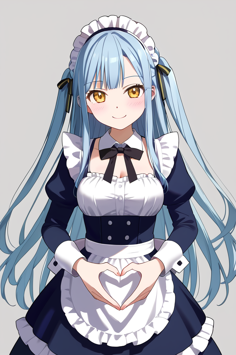 1girl, solo, <lora:togawa_sakiko_PonyXL:1>, togawa sakiko, long hair, blue hair, yellow eyes, black ribbon, hair ribbon, two side up, bangs, looking at viewer, smile, standing, blush, grey background, bowtie, cowboy shot, maid, frills, heart hands, medium breasts, maid headdress,, best quality, masterpiece,