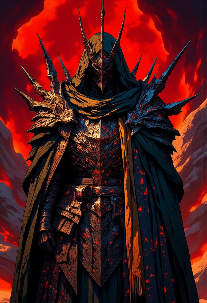 A hyper-realistic mid-shot captures a knight encased in volcanic rock armor, his full-face helmet concealing all features, intensifying his mysterious presence. Jagged and brutal, the armor is adorned with spiraling, razor-sharp rock spikes, each fractured surface glowing with molten orange veins that pulse like living embers. Thick web-like formations extend from the armor, unfurling in fluid, crimson-red patterns that seem almost alive, shifting between deep blood hues and dark scarlet as they expand outward in surreal, organic motion. The high-contrast crimson-red background bathes the entire scene in an intense glow, its fiery presence casting a red tint across the knight’s form, subtly reflecting off the jagged rock and amplifying the molten glow. The once-cool chrome accents shimmer with deep red undertones, mirroring the searing energy of the space. Draped over the brutal armor, a dark emerald-green cape flows with a heavy, weathered elegance, partially revealing a forest-green robe beneath, while a golden-brown scarf wraps tightly around his waist, adding depth and warmth to the composition. Soft, warm lighting accentuates the glowing fissures and the vivid webbing, casting dramatic highlights and deep, consuming shadows that carve an almost mythic intensity into the knight’s foreboding presence. mythp0rt, midjourney_whisper_avant_couture, ne0nfant4sy