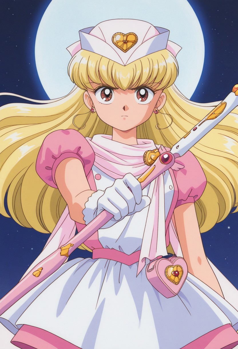 masterpiece, best quality, source_anime,official art,perfect_anatomy,1990s_\(style\),retro_artstyle,nurse angel,1girl,brown eyes,blonde hair,long hair,hat,earrings,jewelry,magical girl,dress,puffy short sleeves,white gloves,(beautiful detailed face,serious,determined, staring_at_viewer,holding_weapon:1.1),cowboy shot,close to viewer,night_sky,full-moon