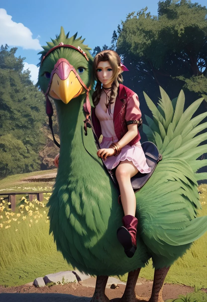 Bpb1,1girl,2d,Score_9, score_8_up, score_7_up, score_6_up,detailed , ( aerith), sitting, (riding a green chocobo), medium blonde hair,pink skirt, leaning forward, hair clip, pink jacket