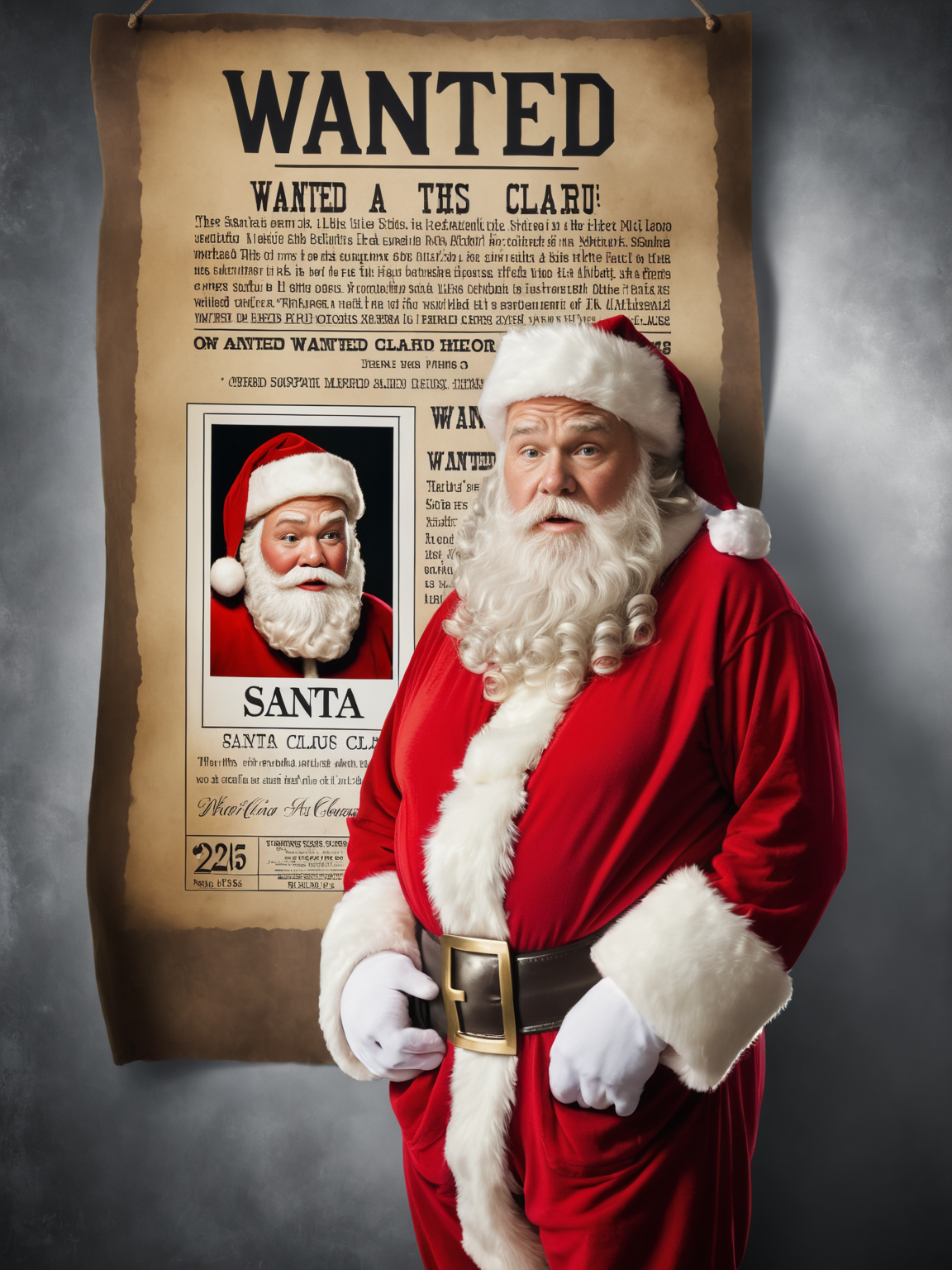(masterpiece:1.2), best quality, an Santa stood looking worried next to a (wanted poster) for Santa Claus with his photo on it, <lora:texta:1>, (poster text: 'WANTED':1.2)