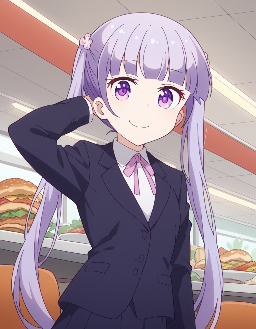 score_9, score_8_up, score_7_up, source_anime, <lora:aoba-suzukaze-s2-ponyxl-lora-nochekaiser:1>, aoba suzukaze, eyebrows, hair ornament, long hair, purple eyes, purple hair, twintails,, blue skirt, bow, bowtie, business suit, dress shirt, formal, neck ribbon, pink bow, pink bowtie, pink ribbon, ribbon, shirt, skirt, skirt suit, suit, white shirt,, restaurant, laughter, good food, warm lighting, celebration, smile, looking at viewer, hand behind head, smile,, solo,, cowboy shot, dutch angle