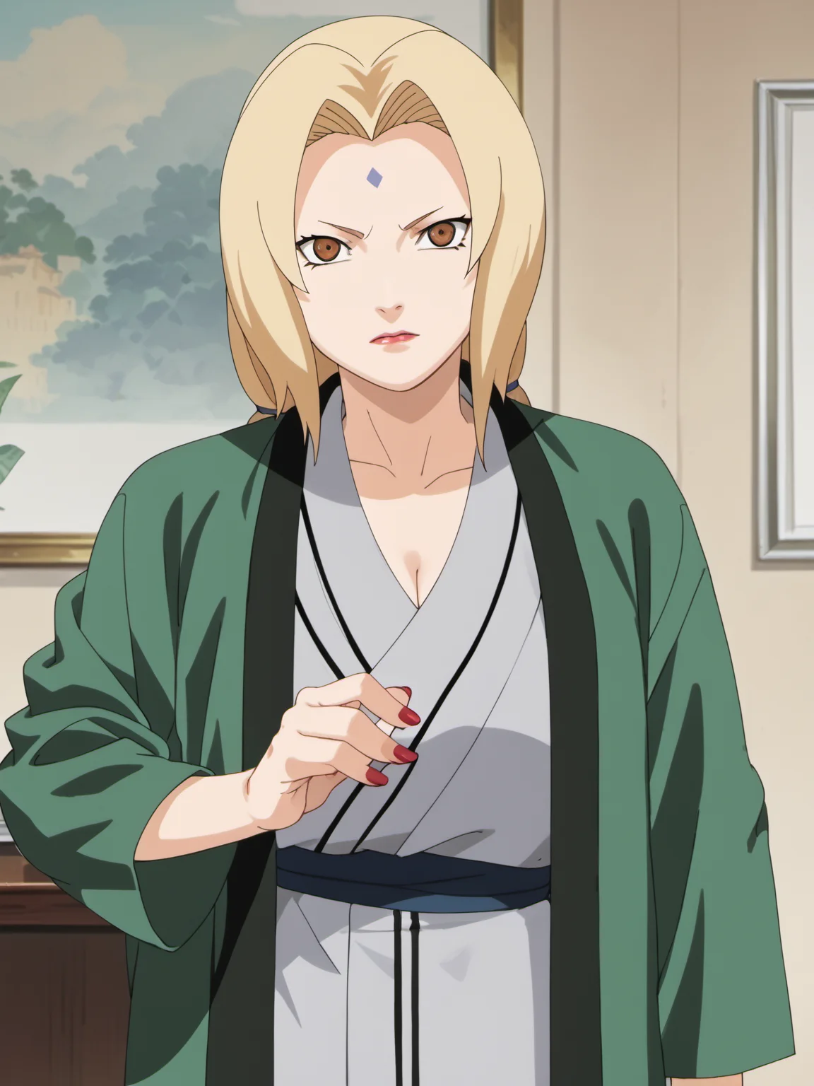 naruto style, hard shadows, anime_screencap, anime_core, score_9, score_8_up, score_7_up, solo, <lora:tsunade_train_v5:0.9>, woman,tsunade,brown eyes,uper body,sunade's green Jacket \(outfit\), front hand ,red nails,indoors, looking at viewer, front view