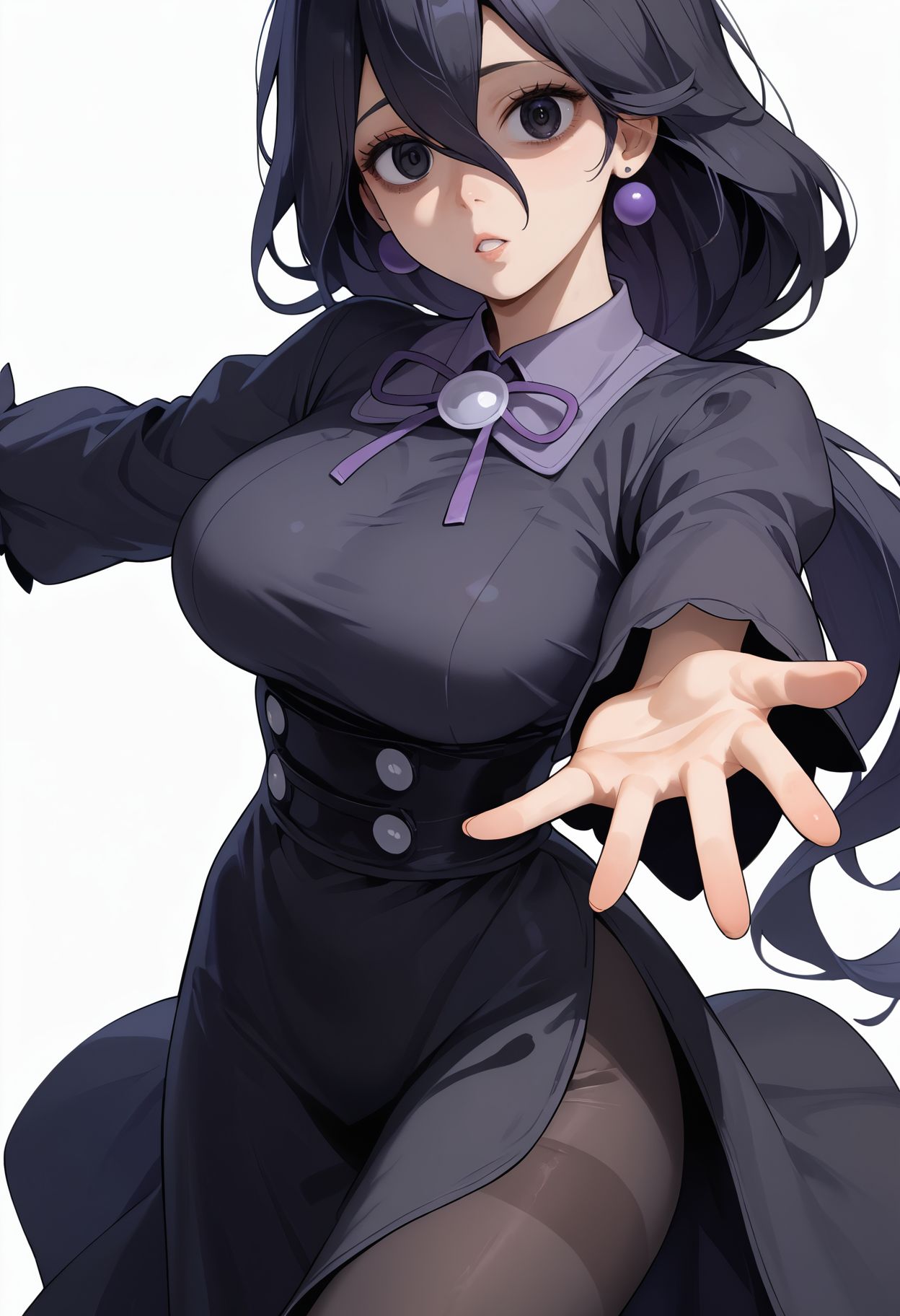 score_9,score_8_up,score_7_up,score_6_up,<lora:hex_maniac_pokemon_legends_z-a_pdxl_goofy:1> hex maniac plza, 1girl, arm under breasts, black dress, black eyes, black hair, breasts, collared dress, cowboy shot, dress, earrings, hair between eyes, jewelry, large breasts, long hair, long hair between eyes, long sleeves, looking at viewer, low ponytail, outstretched arm, pantyhose, parted lips, ponytail, reaching, reaching towards viewer, simple background, solo, very long hair, white background