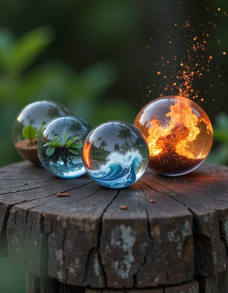 4 marbles on a table each containing a a different element ,1 with soil and plants, 1 with sea waves, 1 with a raging fire, 1 with a tornado , on a old piece of wood, hyper realistic, 4k, f1.8, boketh, depth of field, refraction, reflections on wood, photograph, glowing, glowing particles exiting the marble
