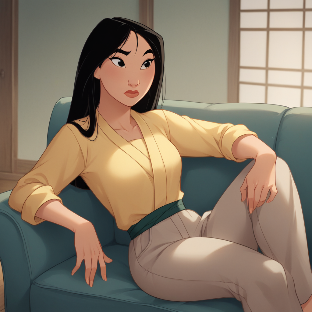 score_9_up, score_8_up, BREAK, MULAN, 1girl, solo, black hair, long hair, black  eyes, <lora:FaMulan_PXL_Leaf1:0.8>, indoors, yellow shirt, pants, on couch,