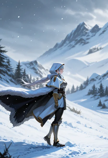 masterpiece, best quality, amazing quality, [from side::3], 1girl, knight, hair, eyes, full plate armor, heavy fur cloak, pauldrons, breastplate, gauntlets, greaves, cuisses, faulds, chainmail, sheathed, hood, frieren, sousou no frieren, outdoors, walking, (snowy mountain pass:1.0), harsh blizzard, strong wind, snow-covered rocks, ice crystals in air, deep snow, (footprints in snow:0.9), frozen breath, misty background, overcast sky, (dark shadows:0.7), (high contrast:0.7), dynamic pose, volumetric lighting, intricate details, blurry background, depth of field <lora:spo_sdxl_10ep_4k-data_lora_webui:1.0> <lora:illustriousXL_stabilizer_v1.23:0.7000000000000001> <lora:illustrious_quality_modifiers_masterpieces_v1:0.6> <lora:klskx_wai:0.7000000000000001>