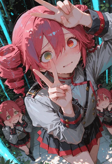 masterpiece, best quality, newest, absurdres, highres, very awa, anime screencap, no lineart:1.3, sketch, painting \(medium\), acrylic paint \(medium\), foreshortening, perspective, ambient occlusion, depth of field, intricate background, ethereal glow, ethereal particles, dappled light, kasane teto, drill hair, green eyes, twin drills, sweat, skirt, looking at viewer, @_@, multiple girls, red hair, from above, solo focus, sleeve cuffs, blush, heterochromia, shortening wide-eyed, pleated skirt, black skirt, yellow eyes, clone, hands on own head, long sleeves, ringed eyes, foreshortening, hands on own face, looking up, buttoned cuffs, parted lips, buttons, artificial eye, crazy eyes, double-breasted, nervous sweating, hair between eyes, jacket, long hair, v, mechanical eye, very sweaty, purple hair, grey jacket, pink hair, hands up, mismatched pupils, dual persona, hand on own head, fisheye, shoulder boards, hand on own face, furrowed brow, eye focus