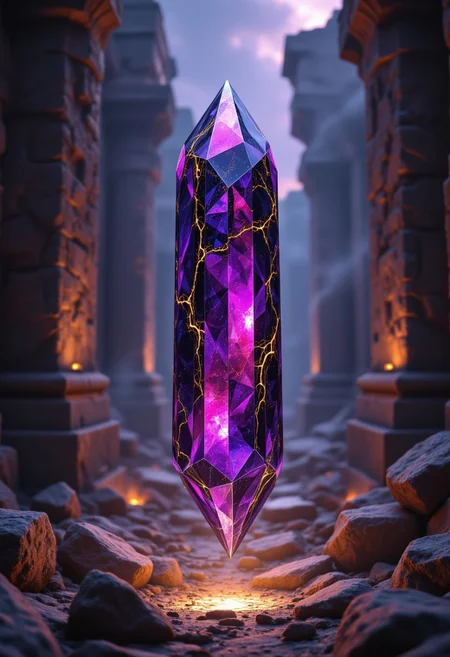 A hyper-realistic depiction of a massive crystal fragment suspended mid-air, its sharp edges refracting vibrant streaks of violet, gold, and black. The crystal's surface glimmers under soft, diffused lighting, with intricate veins of glowing energy coursing through it. Fine particles of dust float around the crystal, caught in the light, adding a sense of depth. The background features a meticulously textured ancient temple with cracks emitting faintly glowing liquid, the scene captured with cinematic precision.
,aidmafluxpro1.1, aidmaHyperrealism, aidmafluxproultra