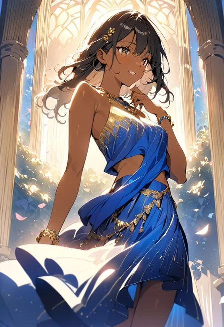 a beautiful black haired girl, very long messy hair, beautiful detailed deep brown eyes, (((brown skin))), tan skin, (indian), cute and beautiful face, relaxed smile, medium breasts, blue and gold silk saree, cropped sleeveless silk saree top covered in tiny sapphires, flowing gold and blue silk saree skirt, covered in tony sapphires, gold stiletto heels,toned midriff, gold waist chain, gold hair clips, gold and sapphire bracelet, gold and sapphire necklace, full body view, colorful, 
(masterpiece:1.2), (best quality:1.2), ultra-detailed, best shadow, detailed background, high contrast, (best illumination, an extremely delicate and beautiful), ((cinematic light)), hyper detail, dramatic light, intricate details, 8k, anime, very aesthetic, looking at flowers, in a marble palace garden, summer season, flower petals blowing in the wind, breezy weather, crepuscular lighting, warm lighting, morning time, blue flowers cover the ground, skirt blowing in the wind, hair blowing in the wind, indian beauty, shy smile smile