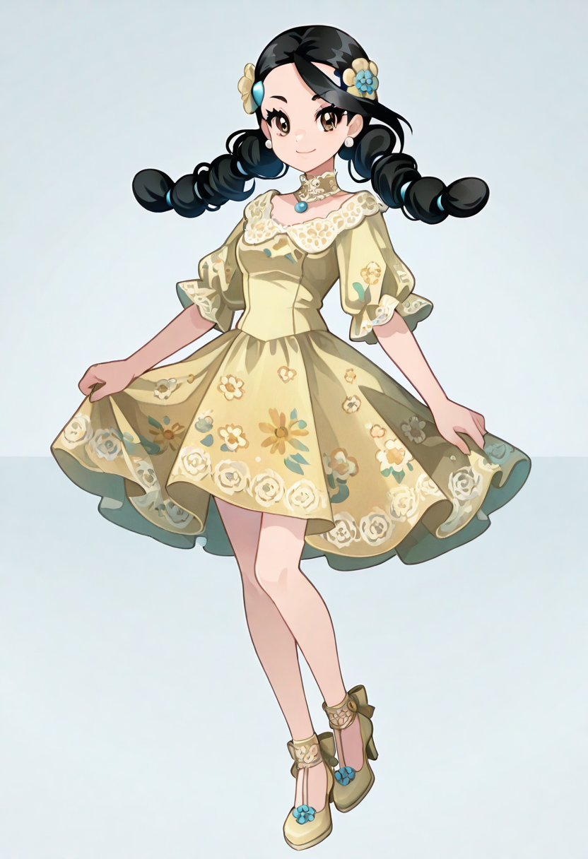masterpiece, best quality, 1girl, solo, eyelashes, (beautiful eyes), narrow waist, smile,   zzCandice, brown eyes, hair ornament, twintails, C0utur3Cr4z3, 1girl, solo, vintage floral dress, lace collar, kitten heels, pearl earrings, soft curls, floral hair ornament, garden setting â Candice twirls gracefully in a vintage floral dress with a delicate lace collar, her twintails styled with soft curls. Pearl earrings dangle gently from her ears, and her kitten heels give her a dainty, vintage-inspired look. A small floral hair ornament sits delicately in her hair, completing her elegant, retro-chic style. She stands in a lush garden, surrounded by blooming flowers, as the gentle breeze adds movement to her flowing dress.       , <lora:CandicePokemon_NAI:1.0>,   <lora:CoutureCraze_IXL:0.8>,