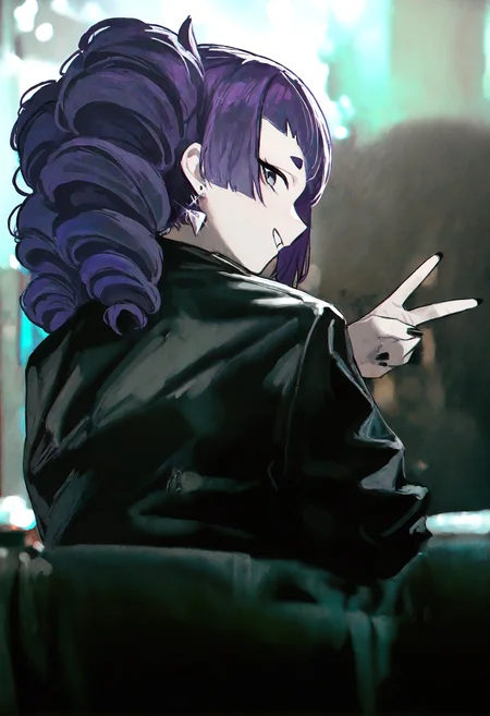 masterpiece, highres, absurdres, newest, very awa, depth of field, blurry background, film grain, photo (medium), photo background, blurry, bokeh, 1girl, twin drills, hair drills, sidelocks, purple hair, diagonal bangs, small eyebrows, earrings, black jacket, black nailpolish, grin, teeth, from behind, looking back, profile, v, <lora:spo_sdxl_10ep_4k-data_lora_webui>, <lora:NOOB_EPSv1_1_detailer_by_vlnvk_v1_0>, <lora:illustrious_noobai_epsilon_pred_1_best_quality_v1:0.8>, <lora:walkingboring:0.8>