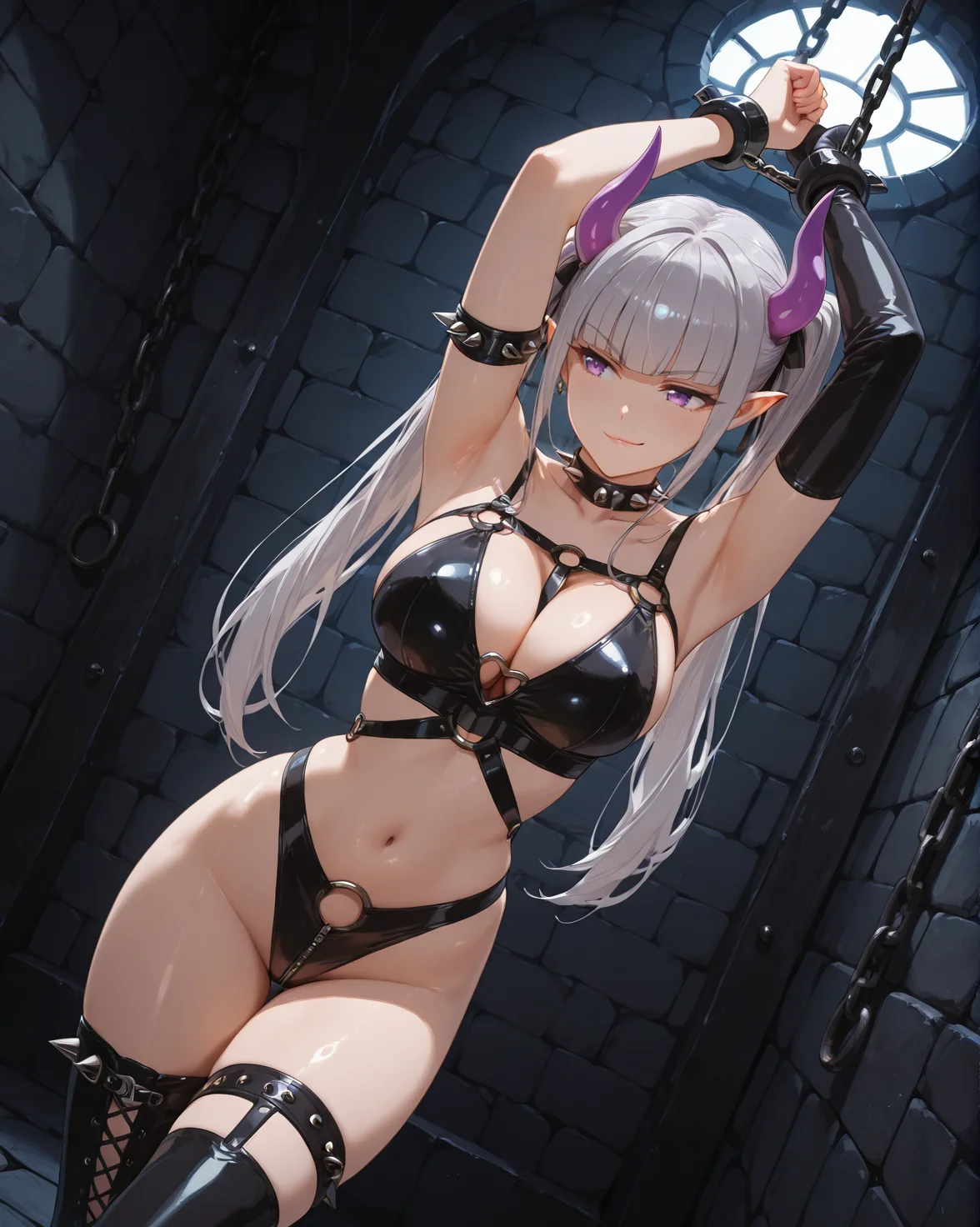 masterpiece,best quality,very aesthetic,semi-realistic,
shiny skin,
BREAK
indoors,dungeon,
BREAK
shelia,1girl,solo,horns,grey hair,blunt bangs,bangs,long_hair,purple eyes,pointy_ears,twintails,
big breasts,
dominatrix,bondage outfit,revealing clothes,bdsm,spiked collar,harness,o-ring,thigh boots,asymmetrical legwear,mismatched legwear,uneven legwear,zipper,single glove,<lora:Do.s(Manga)_ILXL_v1:0.8>,
(chained:1.1),bound wrists,bound ankles,arms up,restrained,metal collar,shackles,suspension,
smirk,curvy,
<lora:Shelia_Illustrious:0.8>,dynamic_angle,cinematic_angle,dutch angle,