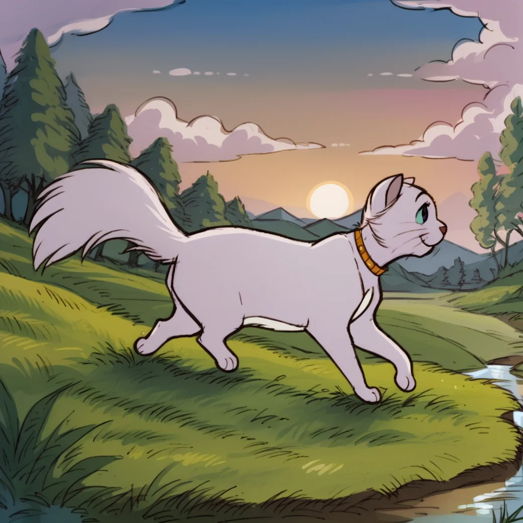 score_9, score_8_up, score_7_up, score_6_up, score_5_up, score_4_up, <lora:Duchessartistrocats:1>, 1girl, duchesscat, solo, tail, full body, outdoors, sky, cloud, collar, tree, no humans, animal, grass, nature, scenery, walking, sunset, running, animal focus, twilight, cat, white fur, cat ears, blue sclera, whiskers, body fur, black eyes