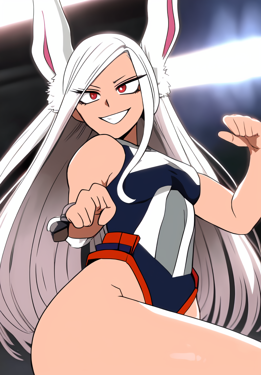 <lora:miruko:0.8>, miruko, (masterpiece, best quality,perfect lighting), 1girl, solo, smirk, action pose, leotard, portrait,