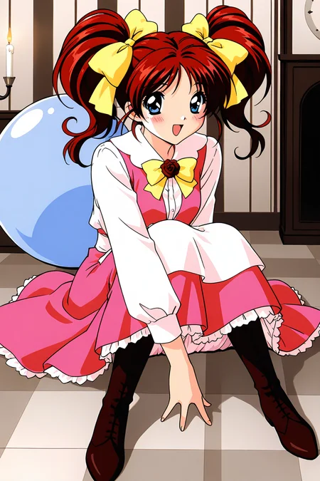 masterpiece, best quality, absurdres, official art, official style, zPDXL2, zPDXLxxx, rating sensitive, sexually suggestive, nsfw, uncensored BREAK,
<lora:janjans1-hina_IL2_v1:0.7>, kawahara hina, 1girl, solo, red hair, blue eyes, parted bangs, short hair, short twintails, hair ribbon, shiny hair,
yellow ribbon, white shirt, collared shirt, long sleeves, puffy sleeves, yellow bowtie, red rose, neck flower, pink dress, sleeveless dress, pinafore dress, white apron, waist apron, back bow, frilled dress, petticoat, drawer, knee boots, lace-up boots, brown footwear, happy, open mouth, smile, :d, looking at viewer, sitting, on floor, arm support, knees up, full body, indoors, clock, wall clock, analog clock, pocket watch, gift box, balloon, big balls, ball, fire, candle, candlestand, shadow, striped, from above, close-up, dynamic pose, leaning forward, blush stickers, retro artstyle, 1990s \(style\)