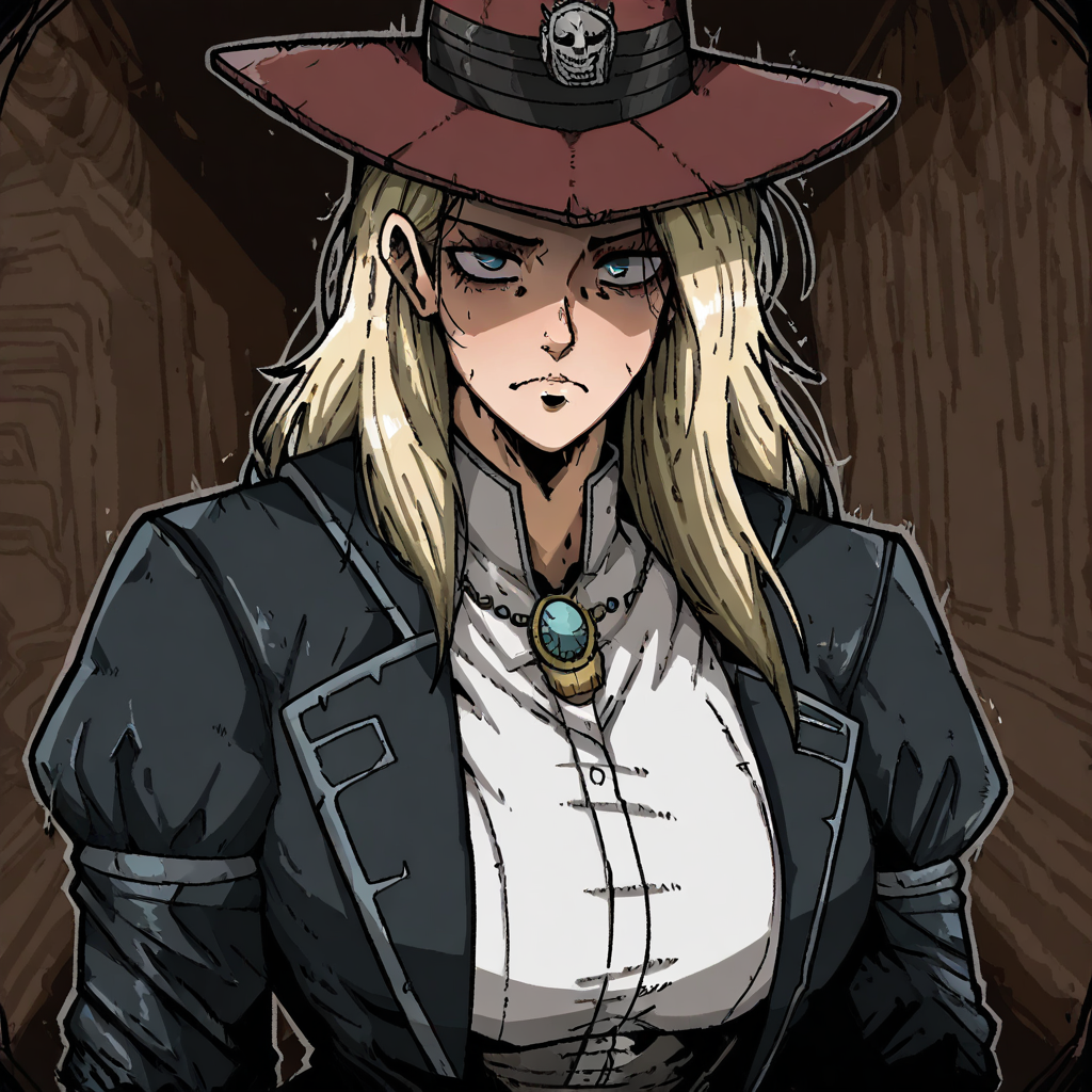 masterpiece, best quality, newest, absurdres, highres, mark_gavatino, mark gavatino style, 1girl, GRDD-V1.1, hat, blonde, blonde hair, long hair, leather jacket, jacket,