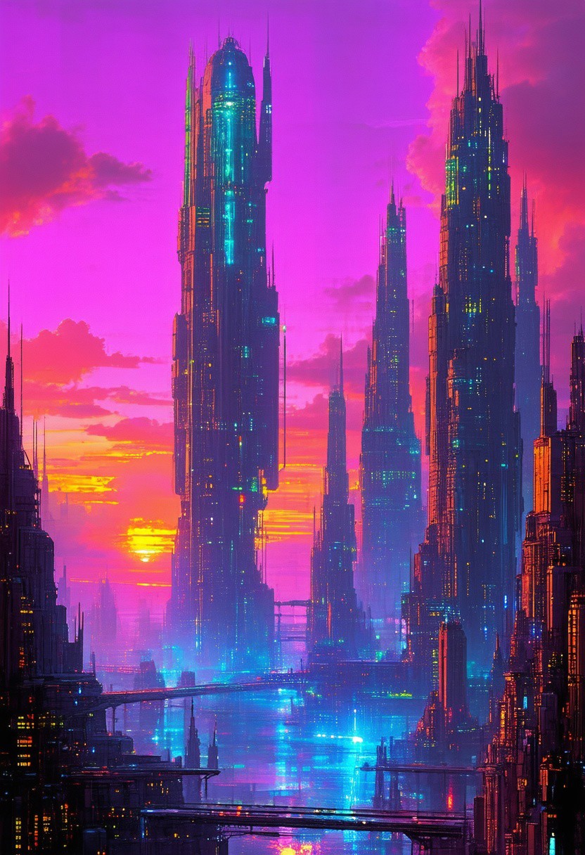 photorealistic digital image, vibrant colours, sci-fi towers and skyscrapers in a futuristic alien cityscape, sunset
