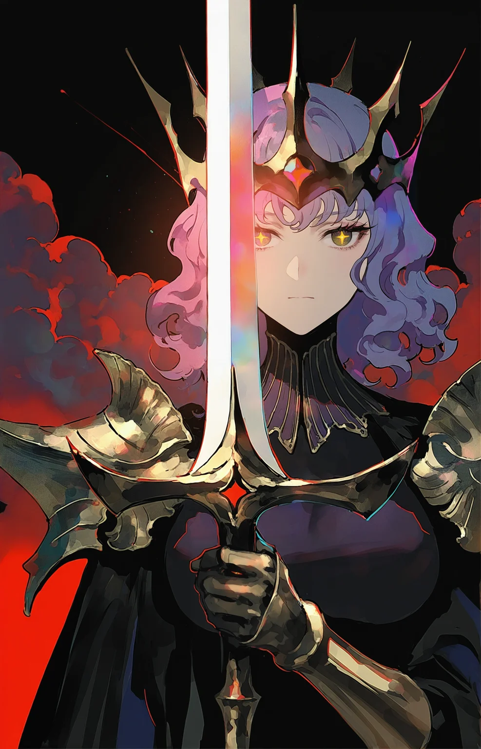 rei \(sanbonzakura\), fishine, fuzichoco, lam \(ramdayo\), void 0, rella,
1girl, mature female, tall female, dark purple hair, short hair, wavy hair, yellow eyes, thick eyelashes, + +, jitome, glowing eyes, medium breasts, expressionless, high collar, black golden robe, pauldrons, gauntlets, armor, sharp crown, holy magic, glowing magic, holding holy staff, holy sword, holding sword, sword at front, sword over face, sword over one eye,
looking at viewer, face focus, upper body, close up, front view,
backlighting, cinematic lighting, lens flare, dark red theme, dark background,
cloudy sky, night, star \(symbol\),
spot color,, masterpiece, best quality, amazing quality, very aesthetic, absurdres, best quality, newest,