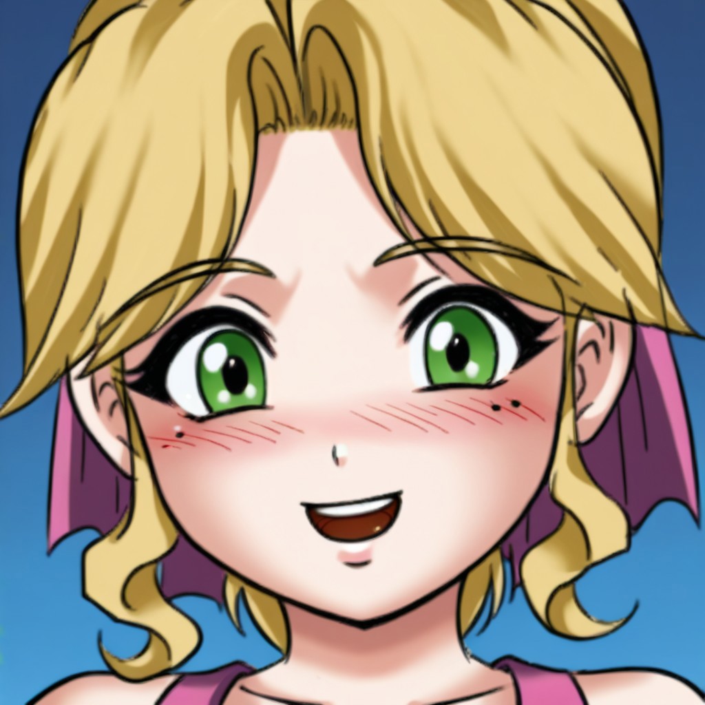 score_9, score_8, score_7, source_anime, princessapplejack, purple bow, 1girl, solo, looking at viewer, blush, smile, open mouth, upper teeth only