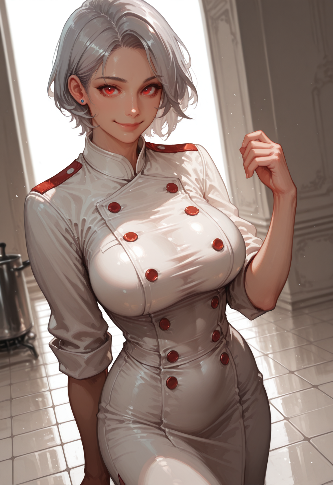 breasts, 1girl, large breasts, grey hair, chef, looking at viewer, short hair, smile, solo, red eyes, jewelry, earrings, dress, buttons, taut clothes, closed mouth, double-breasted, stud earrings, cowboy shot, taut dress, white dress, sleeves rolled up, tight clothes, hand up, tiles, white hair, tile floor, collared dress, standing, coa, masterwork, masterpiece, best quality, dynamic lighting , dynamic pose,,  dynamic angle, , , (realistic:1.2), (lineless:1.2), detailed, <lora:Detailer_NoobAI_Incrs_v1:0.75>, , aged up, adult, depth of field, dynamic lighting, blurry, cheekbones,