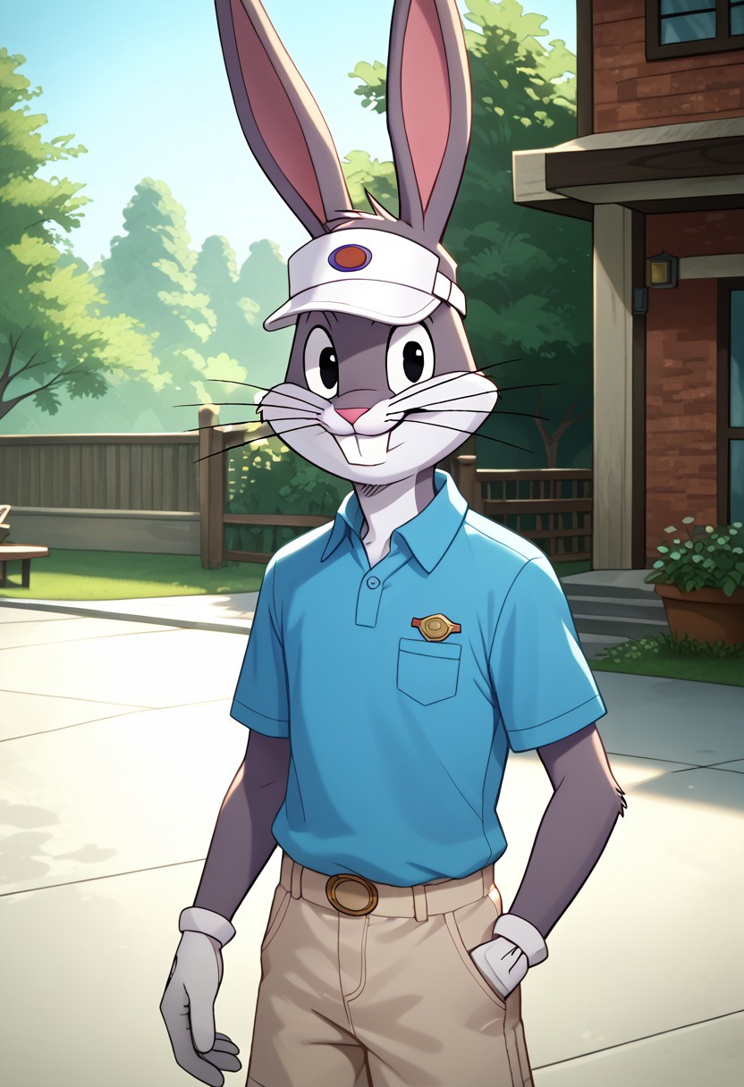score_9_up, score_8_up, score_7_up, masterpiece, best quality, amazing quality, very aesthetic, absurdres, newest,  high quality, detailed, male, solo male, BugsBunny, 1boy, mature male, male, athletic build, rabbit, black eyes, grey fur, light underbelly, whiskers, blue polo shirt, tan shorts, white visor, outdoors, country club, looking at viewer, smiling, volumetric lighting, day time, half body