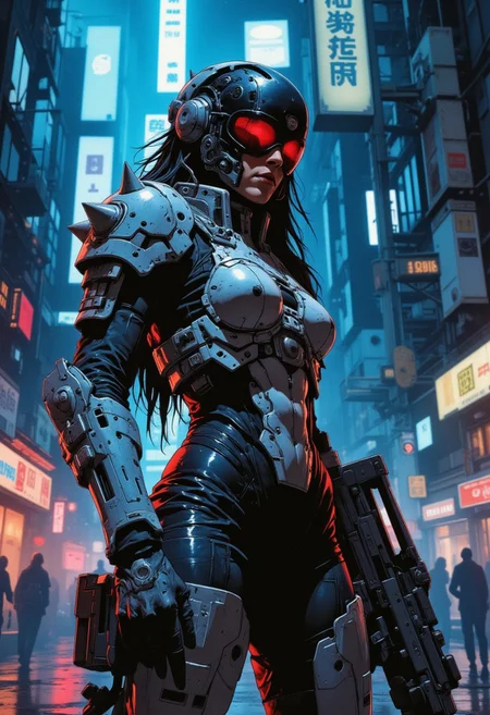 blue and red contrast lighting, dynamic viewpoint, dynamic angle, Woman wearing death themed powered armor with a faceless black and white visor, ribcage style cuirass, spiked pauldrons, holding a futuristic rifle, ((cyberpunk industrial complex background))