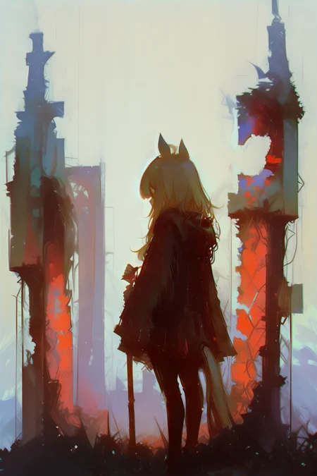 masterpiece, best quality, very aesthetic, dynamic composition, sketch, traditional media, abstract, abstract background, painting \(medium\), no lineart, twin_turbo_(umamusume),flirting to viewers,Standing, 1girl, megumin, brown_hair, holding_staff, ruins, solo, chromatic aberration, building, outdoors, standing, post-apocalypse, facing away, pantyhose, city,