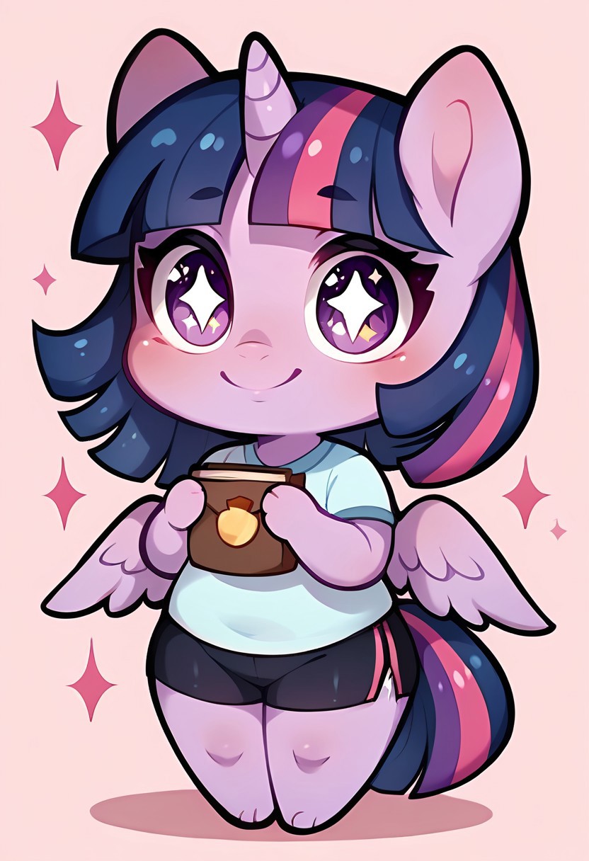 score_9, score_8_up, score_7_up, score_6_up, score_5_up, source_cartoon, cu1t art style, short stack, solo, 1girl, female, cute Anthropomorphic pony, mlp, wings, Twilight Sparkle, chibi, big eyes, sparkling eyes,