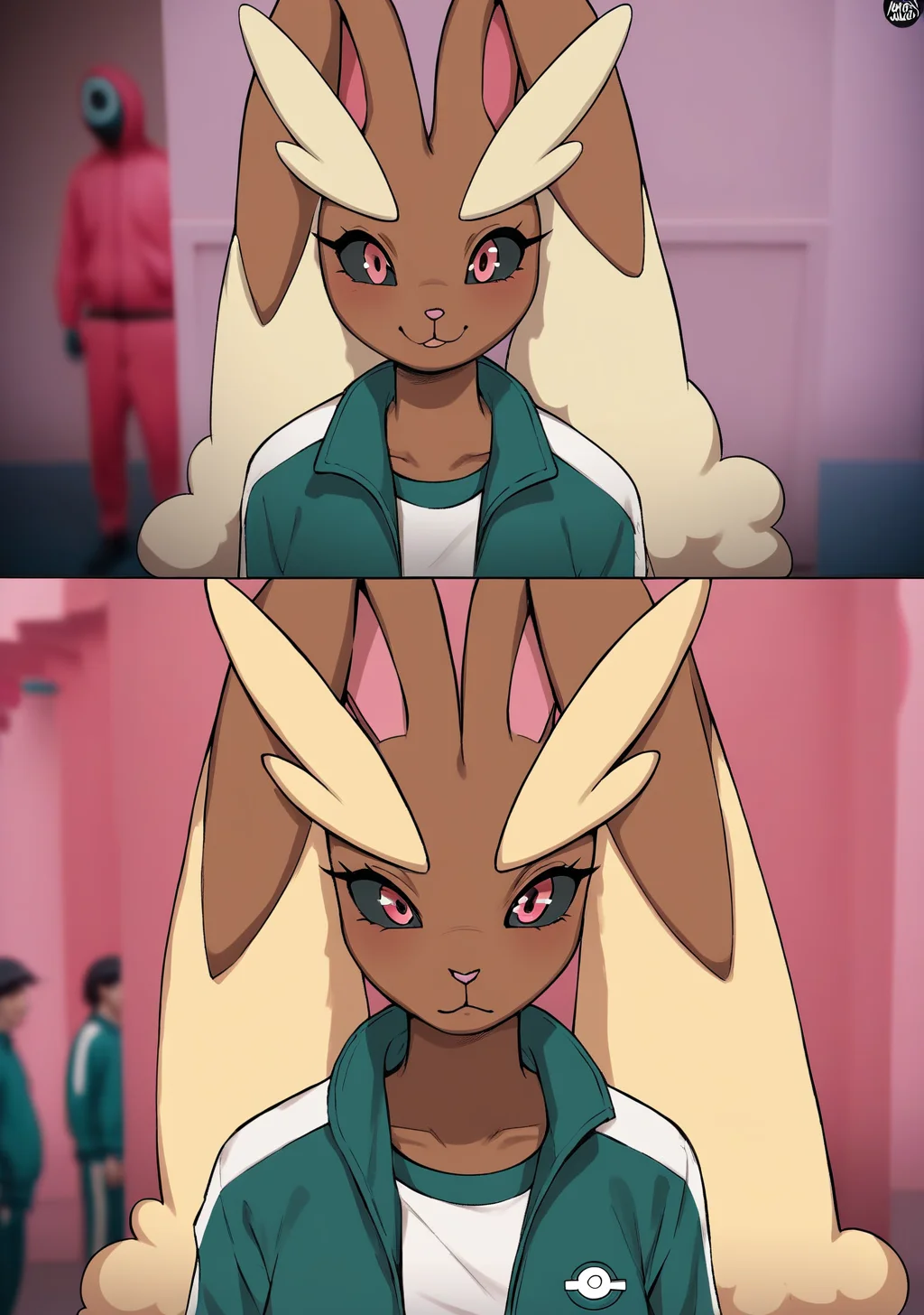 score_9, score_8_up, score_7_up, score_6_up, score_5_up, score_4_up, masterpiece, high quality, BREAK, full body, BREAK,     <lora:Squid_Game_Photo__BeforeAfter_Squid_Game_Pony:0.8> jacket, squidgame_before/afte, squid game photo, before/after, 2 panels, green tracksuit, pink background, traumatized, <lora:Lopunny[Pony]:0.5> lopunny, brown fur, brown skin, large rabbit ears, pokemon (creature), furry female, red eyes,