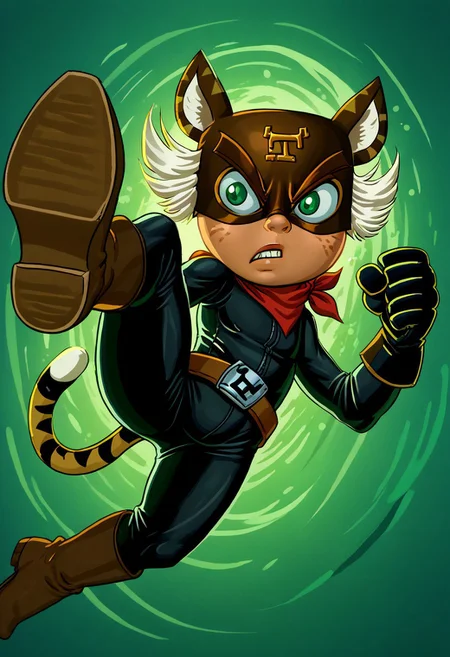score_9, score_8_up, score_7_up, Crazyoe, 1boy, solo, male focus, El_Tigre, Mask, Green Eyes, white sideburns, Freckles, Cat Ears, Black Bodysuit, belt buckle, brown boots, Red Bandana around neck, black Gloves, tail, green aura, jumping kick, kicking, from below, jumping, foot focus