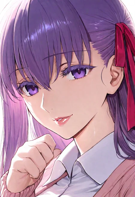 1girl, Matou Sakura \(fate\),, adult woman, masterpiece, pink cardigan, a white shirt, hand up, violet hair, long hair, red-pink ribbon on the left side of hair, luscious lips, lip gloss, portrait, colored eyelashes, backlighting, violet eyes, goddess, glossy skin, ,hires,best quality, very aesthetic,absurdres,score_9, score_8_up, score_7_up, score_6_up, score_5_up, score_4_up, (hyper extreme detailed), (hyper quality), game CG, (colour:1.2),(from side:0.7)