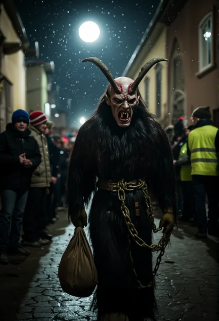 A scene of one Krampus figure standing in a dark alley with a chained sack and a menacing posture, surrounded by terrified children, under the glow of a full moon, with snowflakes gently falling, creating an atmosphere of suspense, in sharp focus, with crisp details, and a freeze-frame effect.<lora:bv-krampus-v1.safetensors:1.0:1.0>
