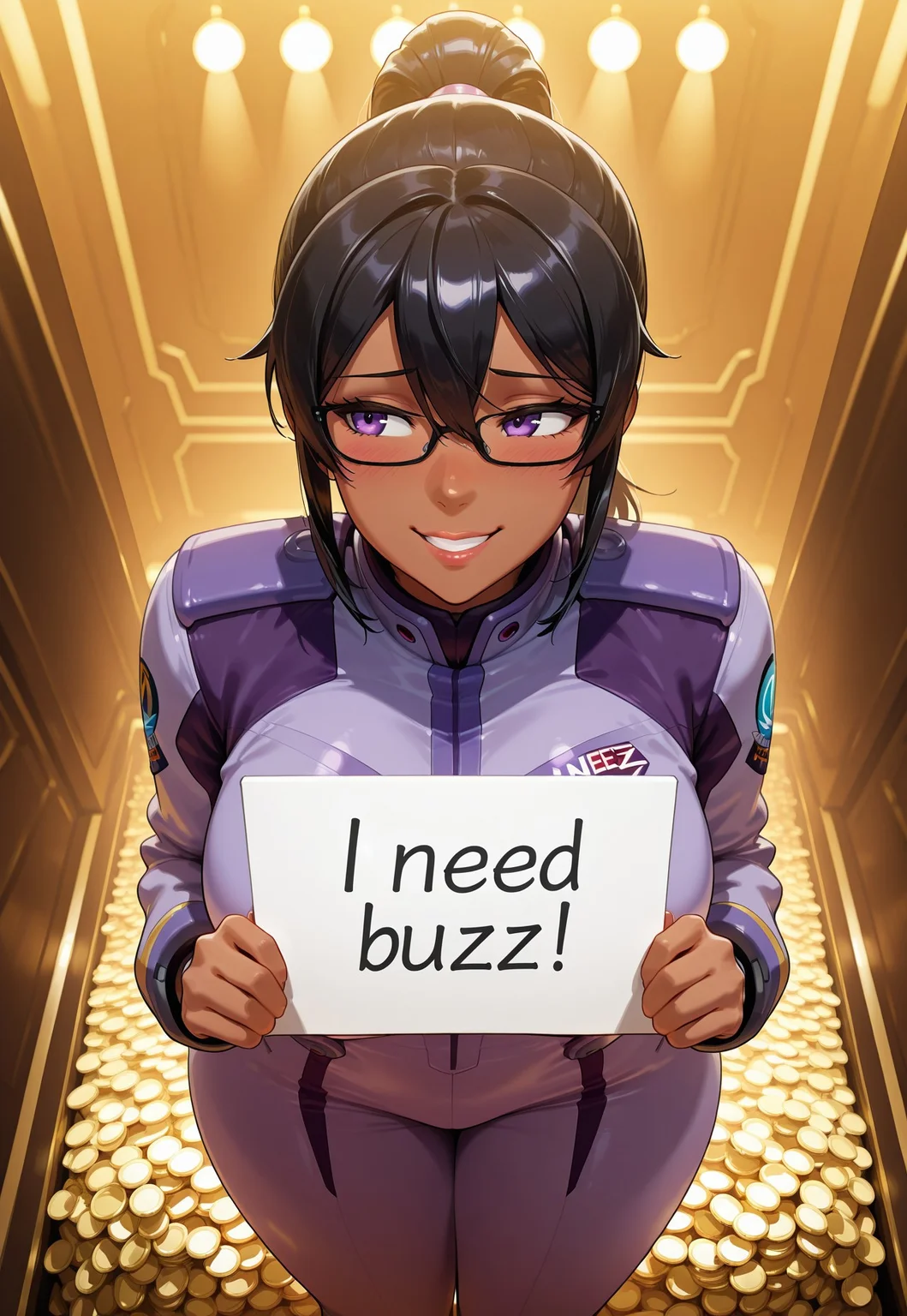 safe_pos, safe_pos, (masterpiece), best quality, ultra-detailed, illustration, ((a girl)), soft light, shy smile, ((dark skin:1.0)), ((black hair)), (straight ponytail), (black glasses), (beautiful detailed purple eyes), (purple pilot uniform), ultra detailed view, average breasts, thick thighs, plumped, luscious lips, from above, need_buzz, holding sign, shy looking, grin, looking away, pleading face, in a casino pile of gold tokens behind her,
cinematic lighting