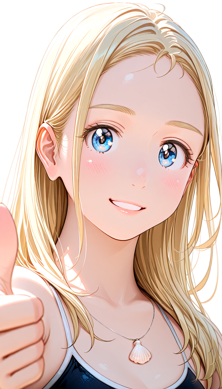 lazypos, masterpiece, best quality, amazing quality, very aesthetic, absurdres, newest, ((dynamic angle:1.4)), (detailed eyes), (Ultra detailed hair:1.4),
BREAK
1girl,solo, blond hair, blue eyes,Silk Hair,(Beautiful shiny blond hair),seashell pendant, parted lips
competition school swimsuit
BREAK
,((blank background)) ((upper body)),straight-on
 <lora:Kofune_Ushio_-_100percent_-_manga:1.1>
The best smile, happy to be back, lovestruck, Squint eyes, very happy, thumbs up, look back