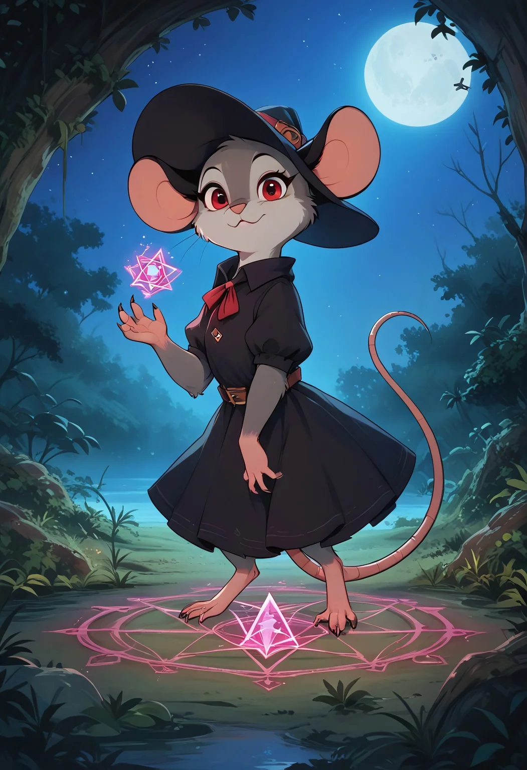 score_9, score_8_up, score_7_up, score_6_up, score_5_up, score_4_up, solo, (fluffy:0.8), (feral:1.5), (((mouse))), female, claws, (fluffy cheeks:0.7), (short black dress), grey fur, black ears, red eyes, look at viewer, (solo:2), j_cartoon, side view, aesthetic, dramatic angle, unique perspective, night, dark, stars, (witch hat), swamp, (curious expression:1.5), cottage, (magic spell:1.5), arkane_dark, (dynamic pose:1.5)