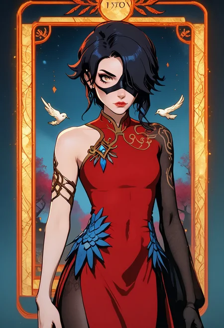 (score_9, score_8_up, score_7_up), ((zPDXL3)), ((zPDXLxxx)), (((T4R0TH, T4R0TH CARD, tarot))), source_nsfw, ((face focus, eye focus, dynamic angle, motion)), 1girl, fantasy, Tarot Card Style, (C1nd3rF4ll, 1girl, black hair, yellow eyes, hair over one eye), (M1str4lDr3ss, red dress, china dress, long dress, elbow gloves, wide sleeve, single sleeve, pantyhose, jewelry, eyepatch, mask, feathers, scar on face), breathless intimacy, textured skin, leggings, skirt, petite model bombshell, young, delicate features, narrow pointy nose, tiny nose, lust, big eyes, seductive eyes, detailed skin, flared lashes, mascara, makeup, breasts, athletic body, narrow waist, wide hips, ((tiny waist)), ((hourglass figure)),((sexy pose)), sensual gaze, 
warm light, detailed, neon dark party
 BREAK
milky way, runes, arcane, astral, surreal, ethereal glow, masterpiece, best quality, intricate design. colorful, moonlit nightsky, moody whimsical color palette, bold soldering lines, volumetric light shining through, crepuscular rays, intricate craftsmanship, detailed texture, luminous transparency, reflective light play, vivid hues, atmospheric depth, enchanting silhouette, art nouveau,