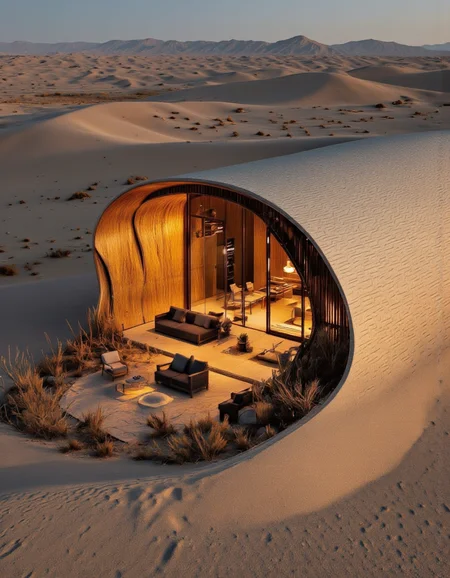 futuristic design. A photo-realistic shoot from a bird's eye view about a modern desert house with a curved, wavy design, situated in the middle of a vast desert landscape at sunset. the image also shows the vast expanse of the desert with sand dunes and distant mountains in the distance. on the center of the image, a modern, wooden building with curved wooden walls and a curved roof creates a sense of depth and dimension. the building is situated in a desert setting, with the warm glow of the setting sun casting a golden hue on the surrounding landscape. the interior of the building features a well-lit living area with furniture, including a sofa, armchairs, and a coffee table, as well as a small potted plant, creating a cozy ambiance.