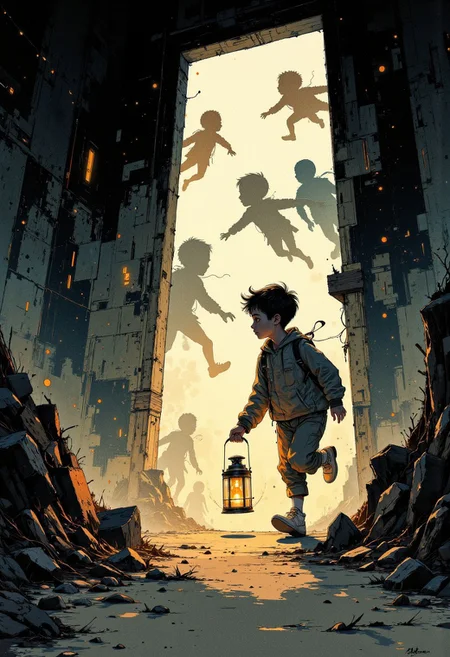 Create a beautifully detailed sketch capturing a fantastical world infused with nostalgia and shadowy intrigue. The style features clean, confident outlines with soft watercolor washes, balancing warmth and accessibility with intricate detail. The palette contrasts muted tones—warm ochres, soft reds, creamy whites—with stark, inky blacks, creating a dramatic interplay of light and shadow that evokes both innocence and mystery. The atmosphere blends vintage children’s book charm with an eerie undertone, as if balanced between reality and a shadowy dreamscape.
Characters should have naturalistic proportions and subtle expressiveness, their features gently exaggerated to reflect curiosity, resilience, or vulnerability. Dynamic shadow puppet figures may emerge in the background, their silhouettes adding to the narrative and reinforcing the duality of light and shadow. The focus will be on a specific subject—From a low, tilted angle, Henry runs down a shadowy corridor, his lantern swinging wildly. Motion blur streaks the shadows of puppet figures chasing him, their distorted shapes stretching unnaturally across the walls and floor as the light flickers chaotically—carefully integrated into the scene. The composition is grounded yet surreal, seamlessly merging whimsical simplicity with haunting, thought-provoking detail to invite wonder and introspection.