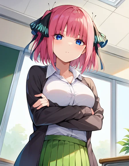 score_9, score_8_up, score_7_up, source_anime,
ninonakano, <lora:nino-nakano-pruned-ponyxl-lora-nochekaiser:1>,
nino nakano, short hair, bangs, blue eyes, hair ornament, hair ribbon, pink hair, blunt bangs, two side up, butterfly hair ornament, mature female,
skirt, shirt, long sleeves, white shirt, pleated skirt, open clothes, collared shirt, sleeves past wrists, dress shirt, cardigan, green skirt, open cardigan, black cardigan, crossed arms,
indoors, classroom,
looking at viewer, cowboy shot, dutch angle,