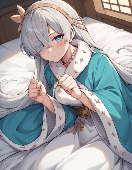 score_9, score_8_up, score_7_up, source_anime, <lora:fgo-anastasia-ponyxl-lora-nochekaiser:1>, anastasia, blue eyes, grey hair, hair between eyes, hair over one eye, long hair, bangs, medium breasts,, blue cloak, brown hairband, cloak, dress, fur trim, hairband, royal robe, sash, tachi-e, white dress, wide sleeves,, indoors, bed, bed room, on side, blush, drunk,, , looking at viewer, hand making a fist, solo,, cowboy shot, dutch angle
