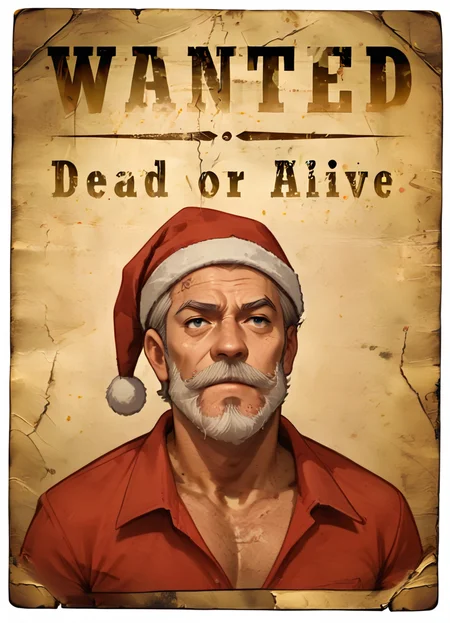 wantedposter of santa clause, man with with a long white beard and a christmas hat,
<lora:Wanted-Poster:0.8>