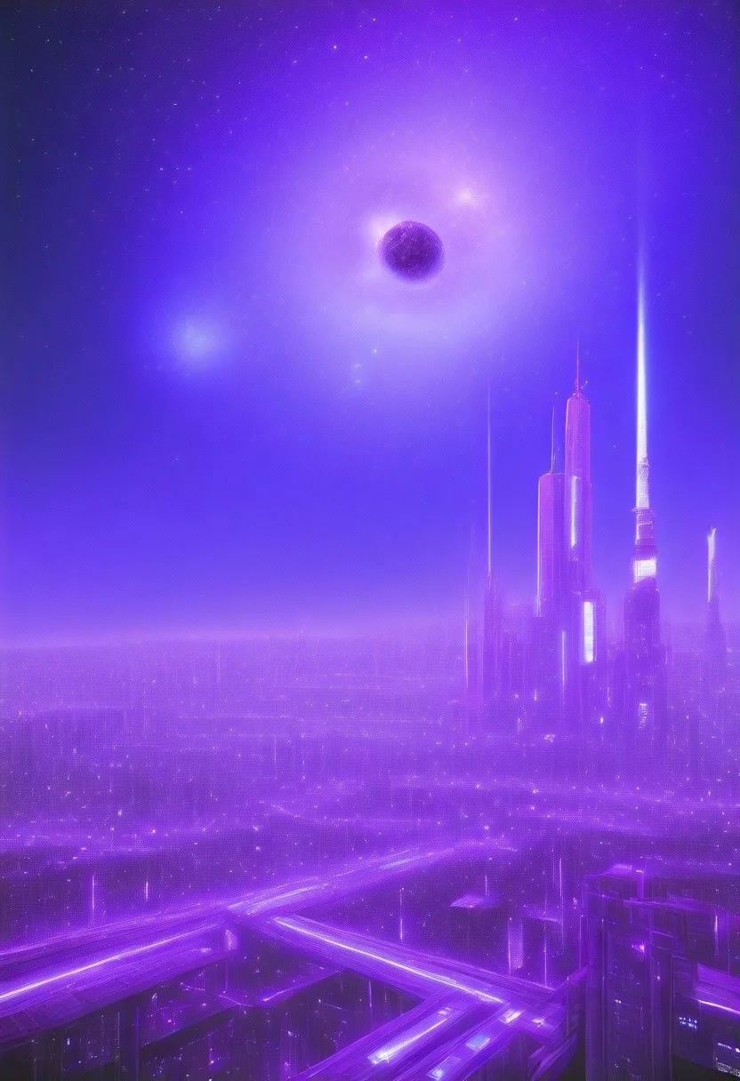 High quiality, high resolution, high definition,
Magical city with skyscrapers, a planet with purple colors and lines that emit white light surrounded by a planet ring, with the view from behind a cat looking towards the city, citybkg, anime style, high ilumination, galaxy sky, calid colours, spacial station
